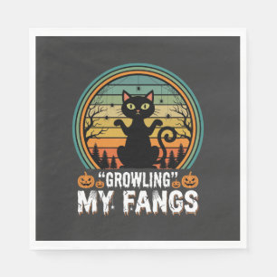 Halloween Black Cat Growling My Fangs Retro Design Napkin