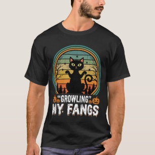 Halloween Black Cat Growling My Fangs Retro Design T-Shirt