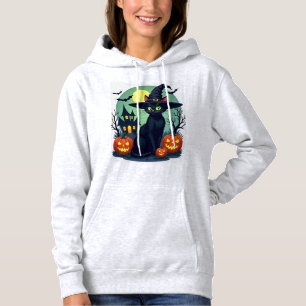 Halloween Black Cat Hat Spooky Cat and Pumpkin Gra Hoodie
