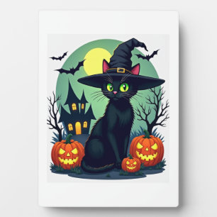 Halloween Black Cat Hat Spooky Cat and Pumpkin Gra Plaque