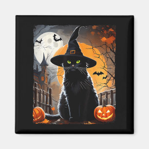 Halloween Black Cat Hat Spooky Cat And Pumpkin Magnet