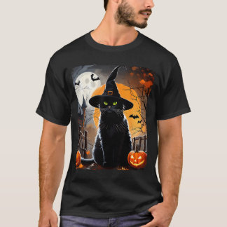 Halloween Black Cat Hat Spooky Cat And Pumpkin T-Shirt