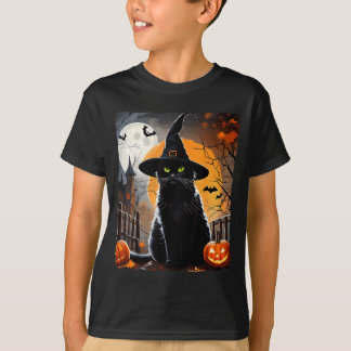 Halloween Black Cat Hat Spooky Cat And Pumpkin T-Shirt