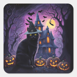 Halloween Black Cat Haunted House Bats Cute Square Sticker