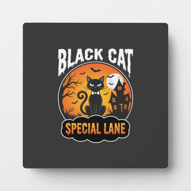 Halloween Black Cat Haunted House Moon Design Plaque (Front)
