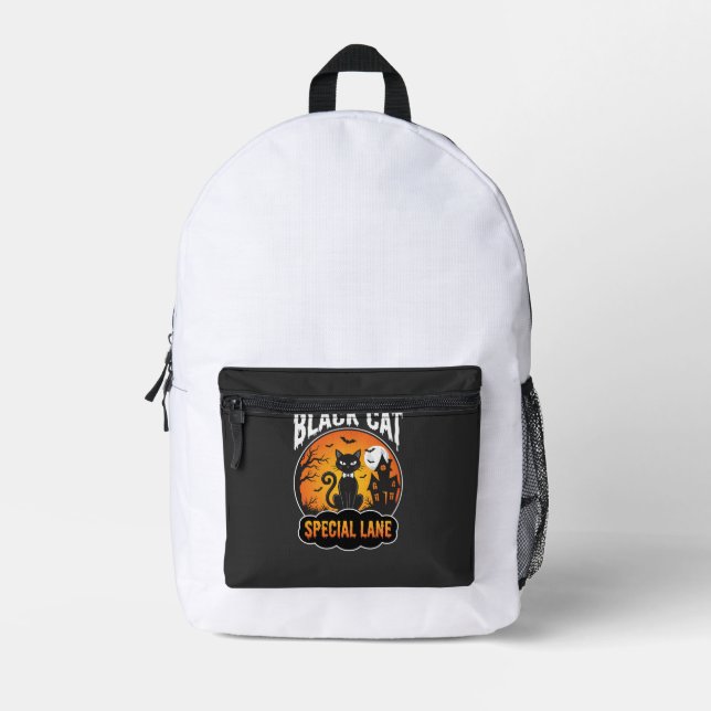 Halloween Black Cat Haunted House Moon Design Printed Backpack (Front)