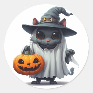 Halloween Black Cat Holding Pumpkin Accent 👻 Classic Round Sticker