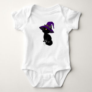 Halloween black cat in wizard hat body baby bodysuit