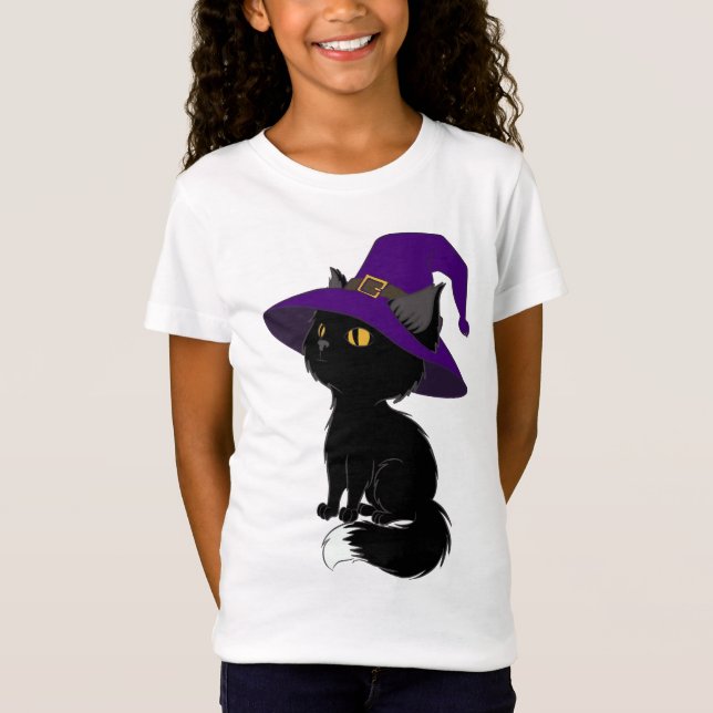 Halloween black cat in wizard hat  girl t-shirt (Front)