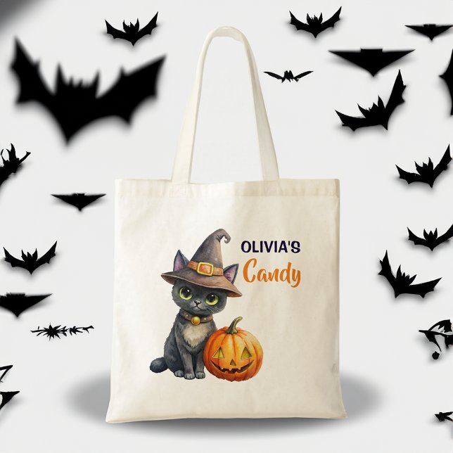 Halloween black cat jack o lantern customised tote bag (Halloween cute black cat jack o lantern customized name tote bag Halloween gifts for kids)