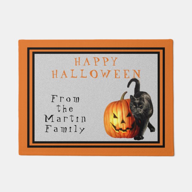 Halloween Black Cat & Jack O'Lantern Personalised Doormat (Front)