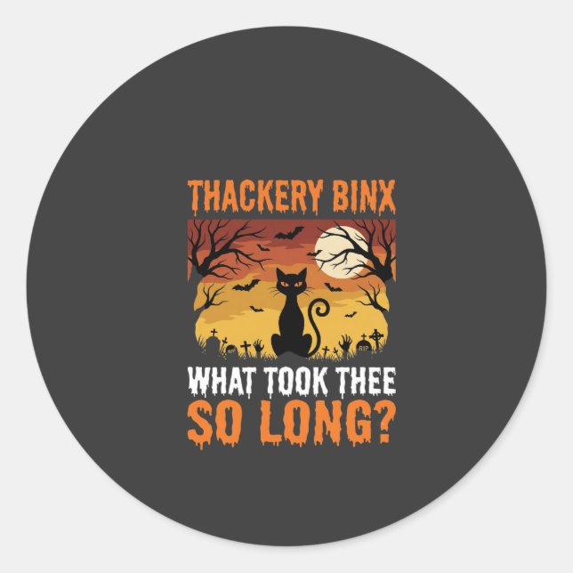 Halloween Black Cat Moon Graveyard Quote Design Classic Round Sticker (Front)