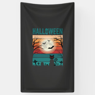 Halloween Black Cat Moon Graveyard Retro Vector De Banner