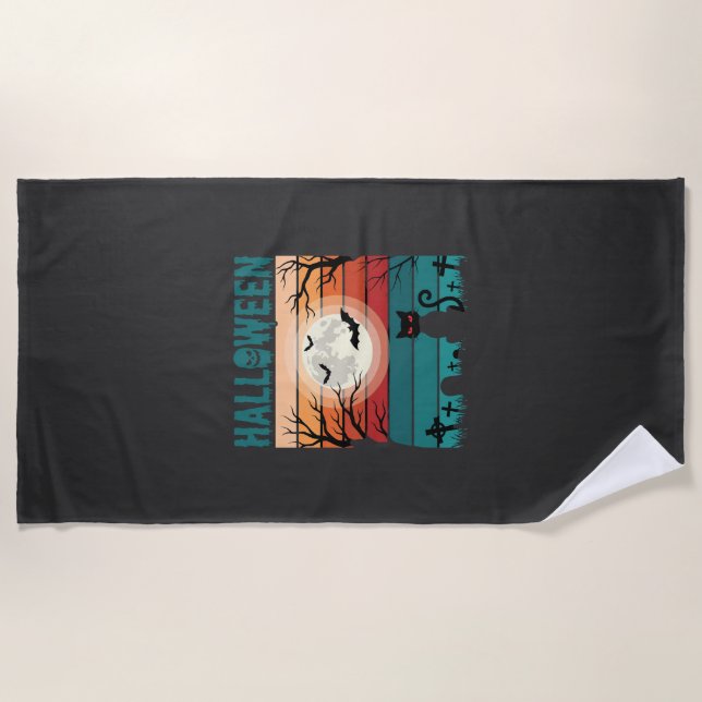 Halloween Black Cat Moon Graveyard Retro Vector De Beach Towel (Front)