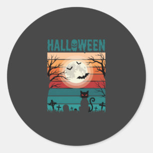 Halloween Black Cat Moon Graveyard Retro Vector De Classic Round Sticker