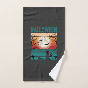Halloween Black Cat Moon Graveyard Retro Vector De Hand Towel