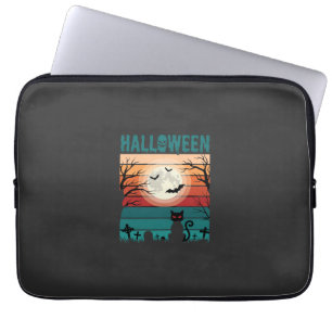Halloween Black Cat Moon Graveyard Retro Vector De Laptop Sleeve