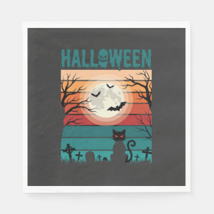 Halloween Black Cat Moon Graveyard Retro Vector De Napkin