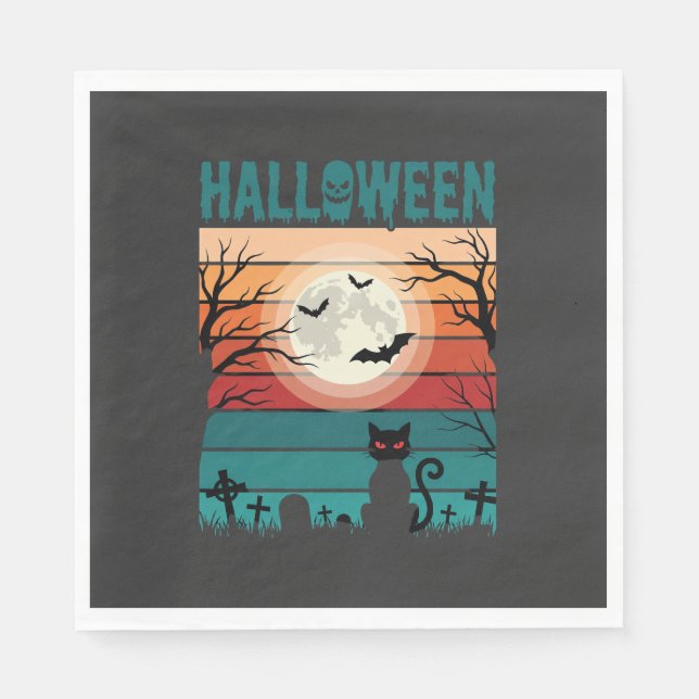 Halloween Black Cat Moon Graveyard Retro Vector De Napkin (Front)