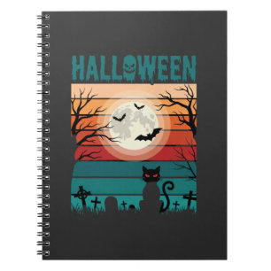 Halloween Black Cat Moon Graveyard Retro Vector De Notebook