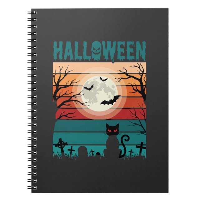 Halloween Black Cat Moon Graveyard Retro Vector De Notebook (Front)