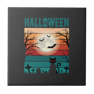 Halloween Black Cat Moon Graveyard Retro Vector De Tile