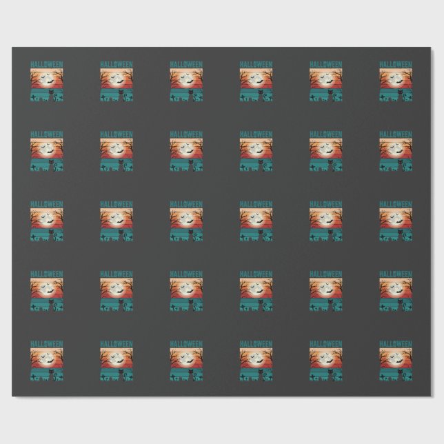 Halloween Black Cat Moon Graveyard Retro Vector De Wrapping Paper (Flat)