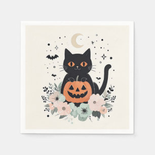 Halloween Black Cat, Moon & Pumpkin Napkin
