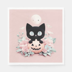 Halloween Black Cat, Moon & Pumpkin Napkin