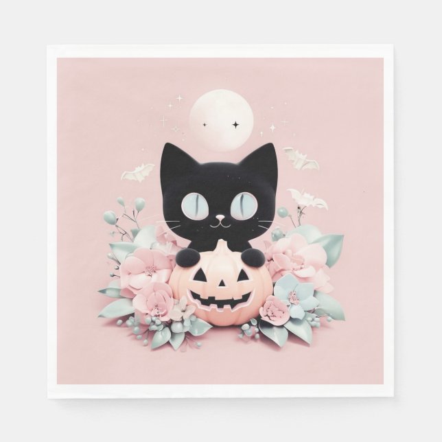 Halloween Black Cat, Moon & Pumpkin Napkin (Front)