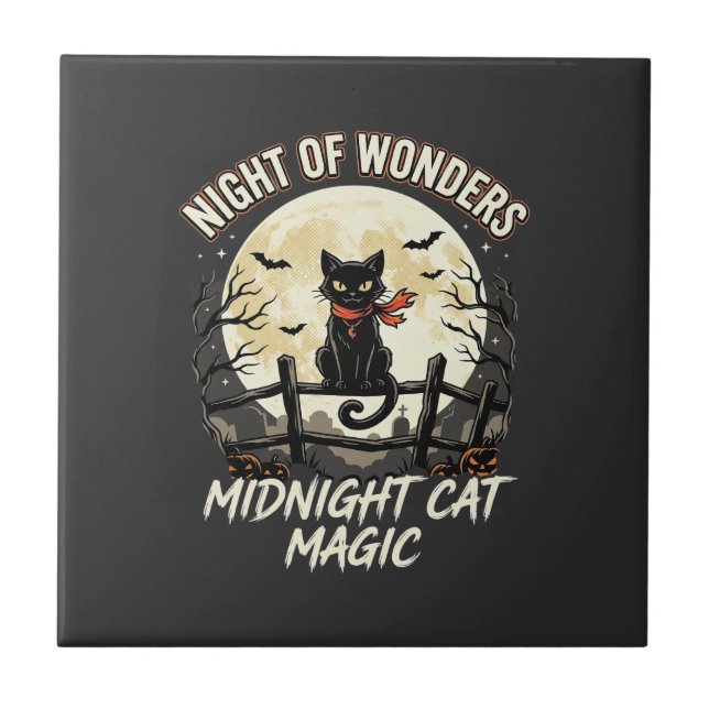 Halloween Black Cat Moonlight Tile (Front)