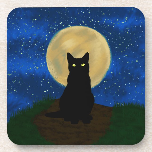 Halloween Black Cat Moonlit Silhouette  Coaster (Front)