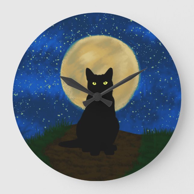 Halloween Black Cat Moonlit Silhouette  Large Clock (Front)
