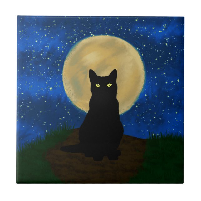 Halloween Black Cat Moonlit Silhouette  Tile (Front)