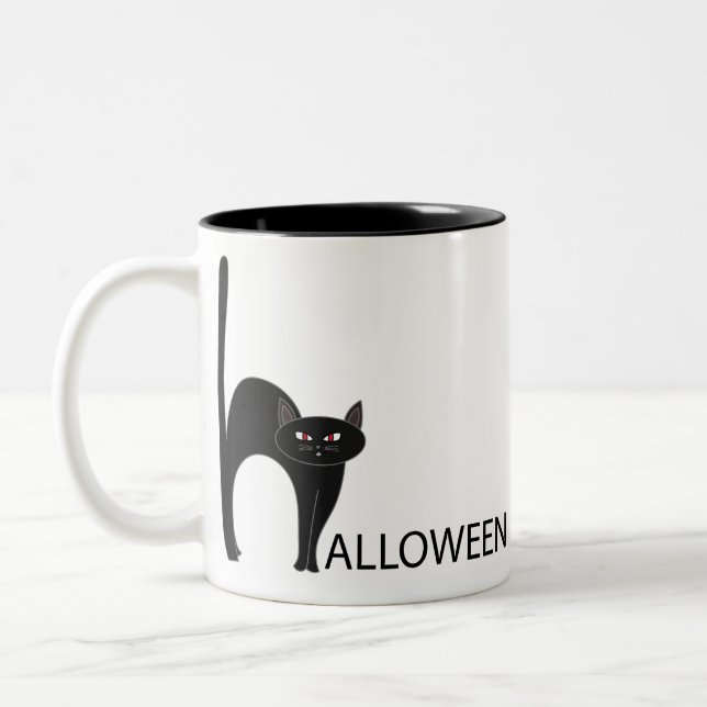 Halloween Black Cat Name Two-Tone Coffee Mug (Left)