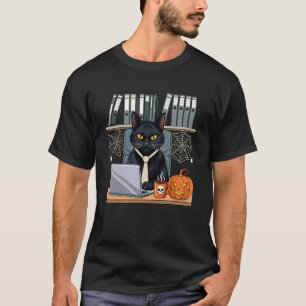 Halloween Black Cat Office Desk Pumpkin T-Shirt