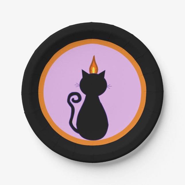Halloween black cat on black, violet & orange paper plate (Front)