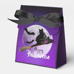 Halloween Black Cat on Broom Full Moon Favour Box