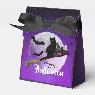 Halloween Black Cat on Broom Full Moon Favour Box