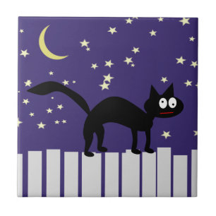 Halloween Black Cat on Fence Tile