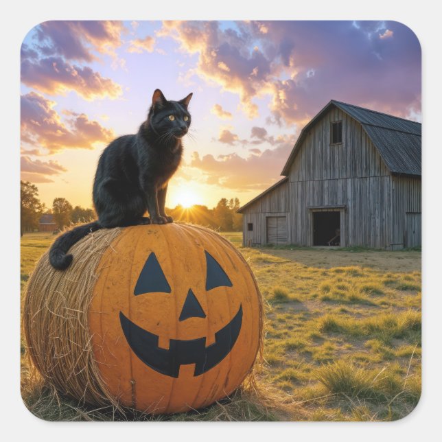 Halloween Black Cat On Pumpkin Hay Bale Square Sticker (Front)