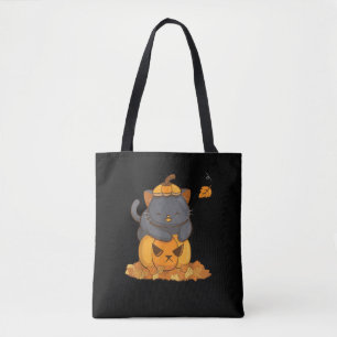 Halloween Black Cat on Pumpkin with Autumn Leaves Tote Bag