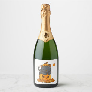 Halloween Black Cat on Pumpkin with Autumn Sparkling Wine Label