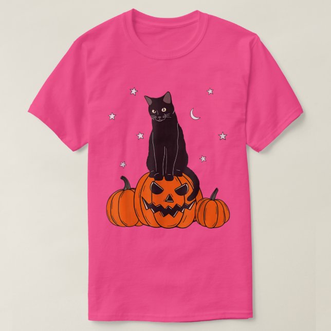 Halloween Black Cat on Pumpkin with Autumn Star Ka T-Shirt (Design Front)