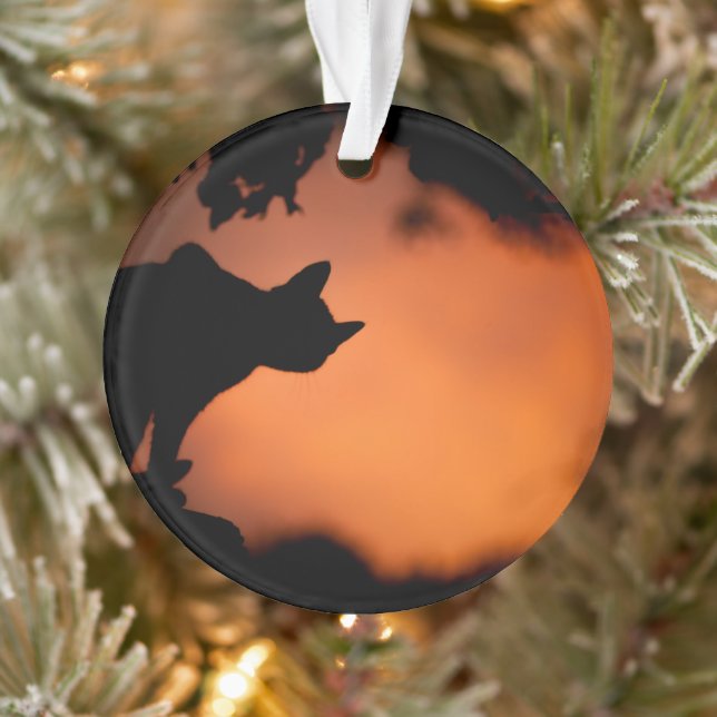 Halloween Black Cat Orange Background Customise Ornament (Tree)