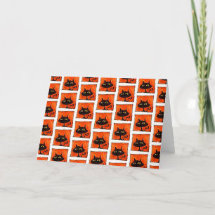 Halloween Black Cat Orange Squares Cartoon Card