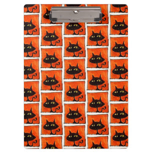 Halloween Black Cat Orange Squares Cartoon Clipboard