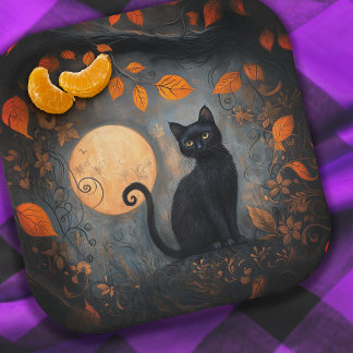 Halloween Black Cat Ornate Moody Full Moon  Paper Plate