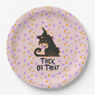 Halloween Black Cat Party Confetti Pink Paper Plate