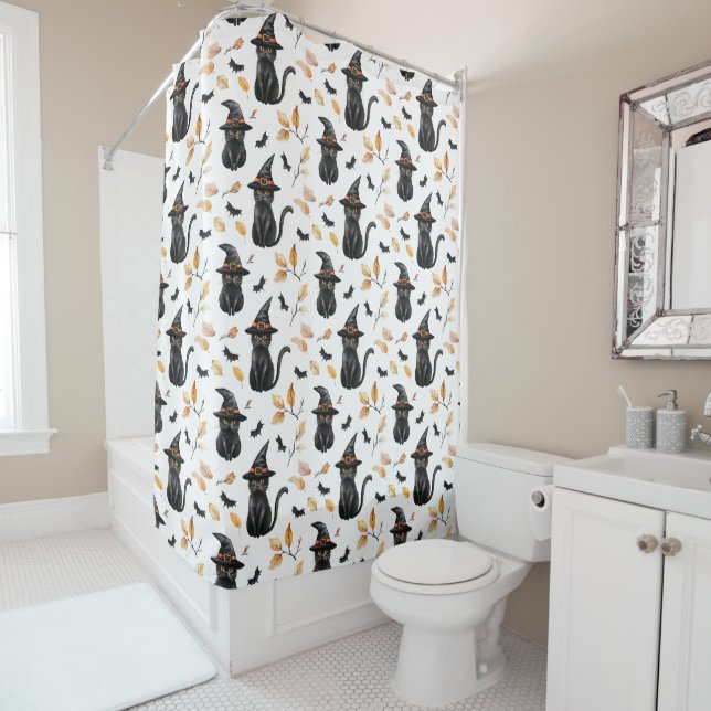 Halloween Black Cat Pattern - Witchy Cat  Shower Curtain (In Situ)